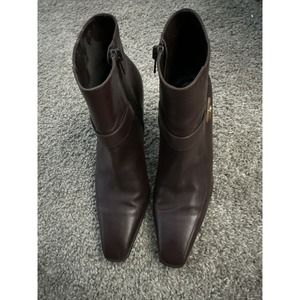 Salvatore Ferragamo Brown Leather Ankle Boots Womens 6.5 C Side Zip Heels Gold